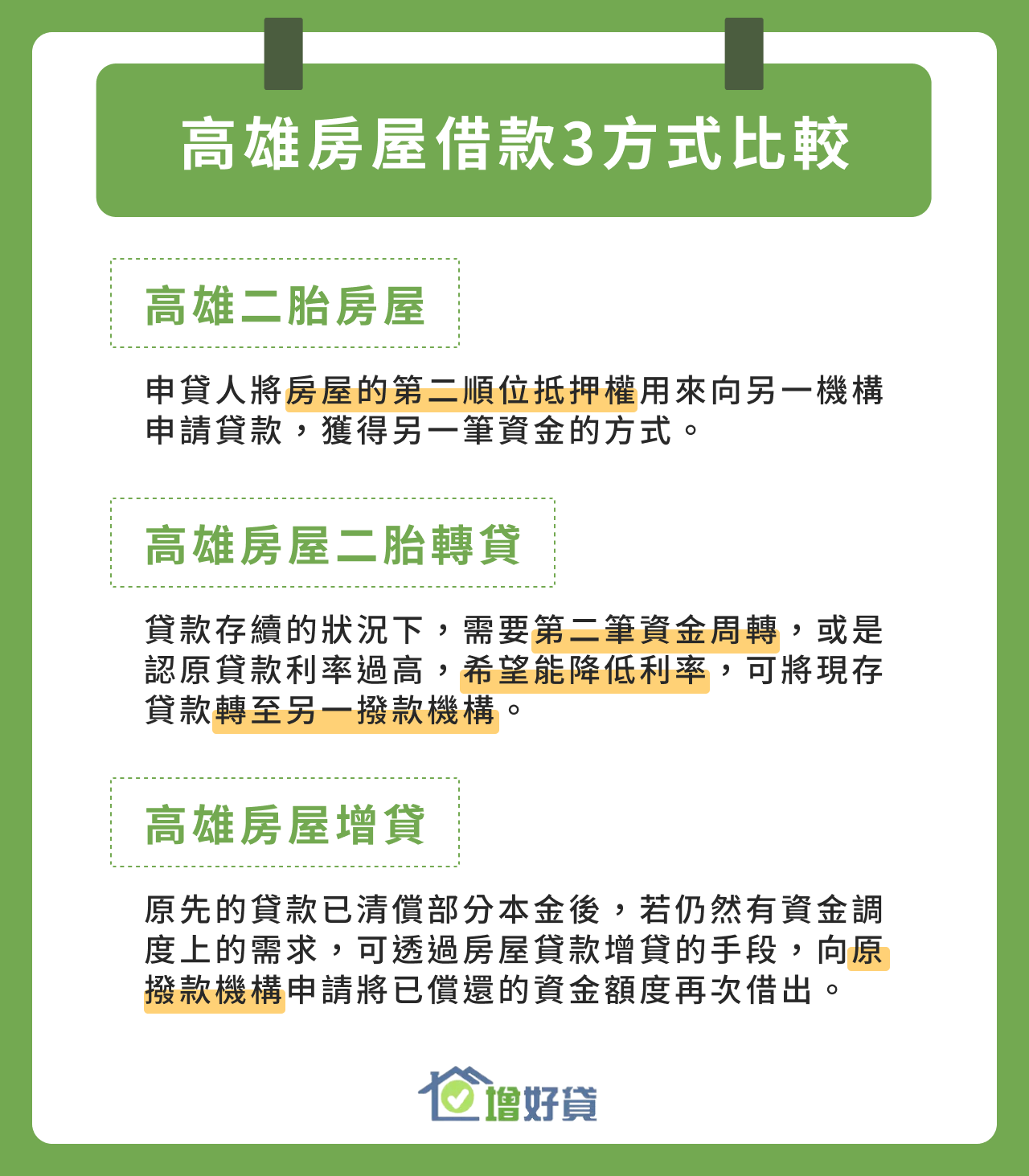 高雄房屋借款3方式比較